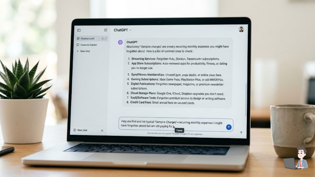 A screenshot of the ChatGPT interface. Show the prompt being pasted and the AI responding with a list of "Vampire Charges."