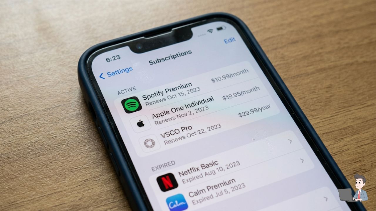 A photo of a physical iPhone or Android screen (taken with another phone) showing the "Subscriptions" menu. This proves it’s a real person’s phone.