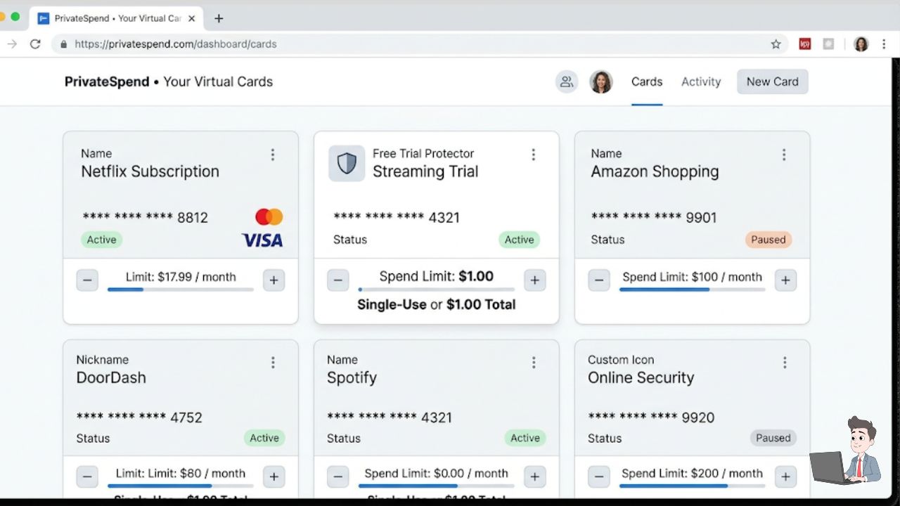 A screenshot of the Privacy.com dashboard (or a similar virtual card app) showing a card with a "$1.00 Limit" clearly visible.