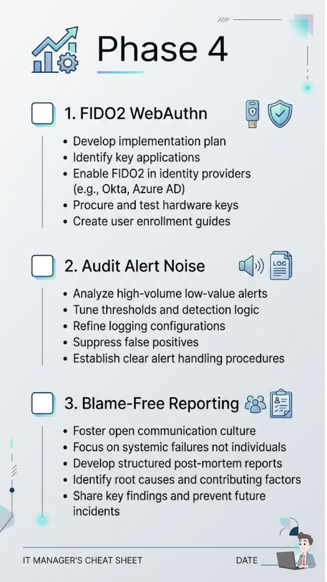 A vertical, minimalist checklist graphic summarizing Phase 4: 1. FIDO2 WebAuthn. 2. Audit Alert Noise. 3. Blame-Free Reporting. This turns your text into a printable "cheat sheet" for IT managers.