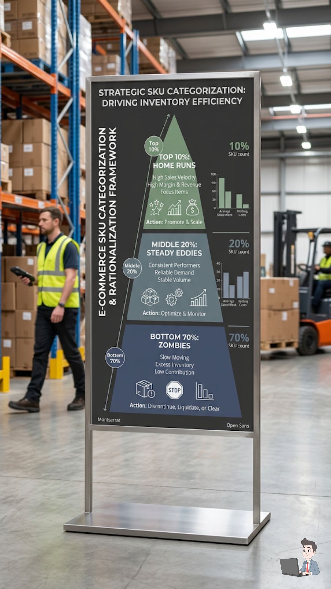 A sleek, vertical infographic visualizing the SKU categorization. Use a funnel or tiered pyramid design: Top 10% (Home Runs in Sage), Middle 20% (Steady Eddies in Slate), Bottom 70% (Zombies in Muted Navy).