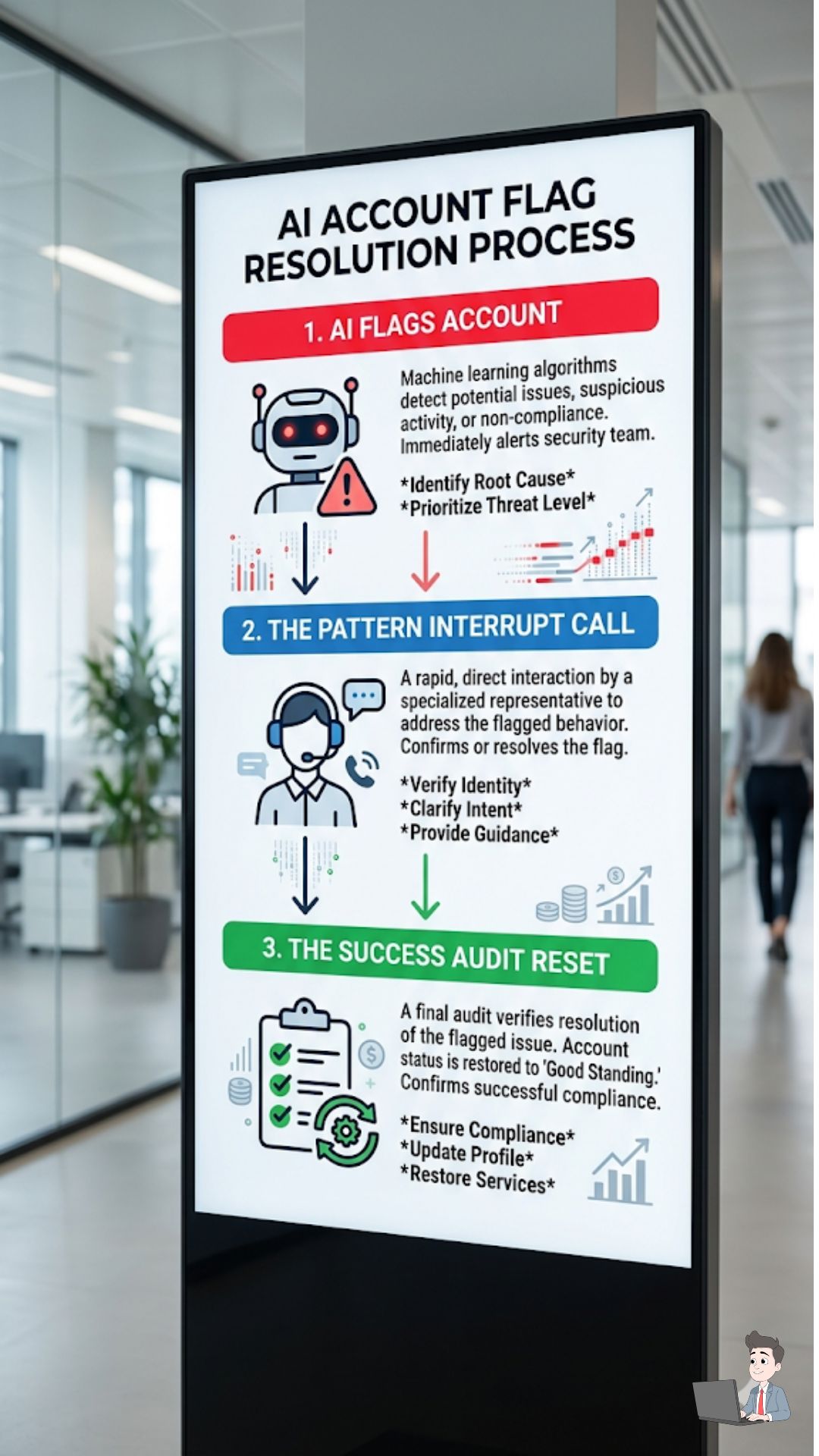 A vertical flowchart graphic. Node 1: AI Flags Account (Red). Node 2: The Pattern Interrupt Call (Blue). Node 3: The Success Audit Reset (Green). Use high-contrast, minimalist icons for each step to make it a highly shareable operational process.