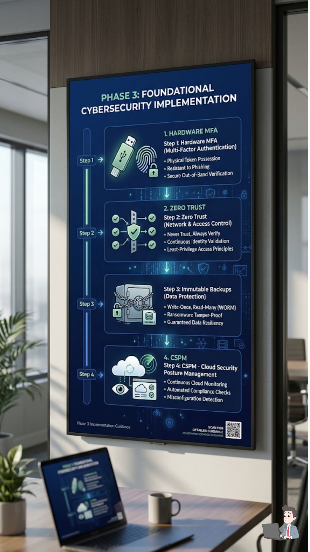 A highly scannable, vertical infographic utilizing a deep navy background. It visually maps out the 4 foundational steps from Phase 3: Hardware MFA, Zero Trust, Immutable Backups, and CSPM, using clean, minimalist icons for each.