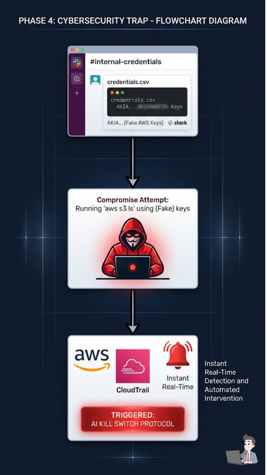 A vertical flowchart diagram showing the trap from Phase 4. Top: A file labeled "Fake AWS Keys" sitting in a Slack channel. Middle: A red hacker icon attempting to use the key. Bottom: An automated AWS CloudTrail alarm instantly triggering the AI Kill Switch protocol.