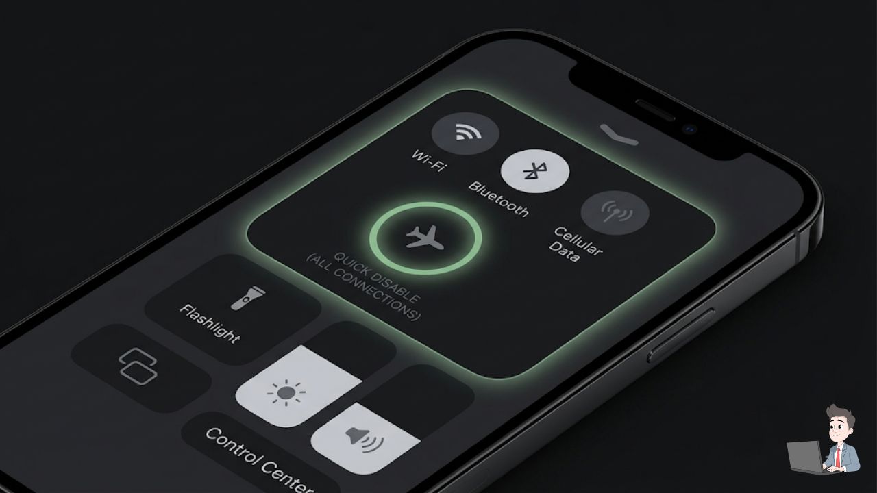 A sleek, dark-mode graphic of a smartphone’s Control Center. Use a subtle, branded highlight (like a sage green or bright teal circle) around the Airplane Mode icon to visually reinforce the "Kill Switch" action.