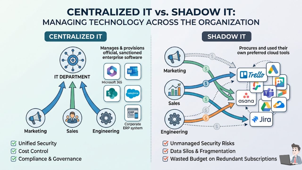 A clean infographic diagram comparing "Centralized IT" vs "Shadow IT." Show separate nodes (Marketing, Sales, Engineering) all secretly funneling money into different overlapping tools (like Asana, Trello, and Jira).