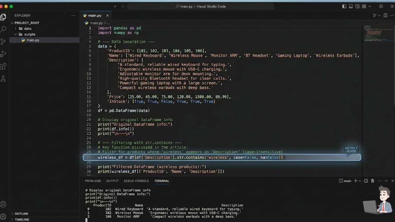 A professional screenshot of a modern code editor (like VS Code) displaying the Python Pandas script you provided in the article. Add a subtle, branded highlight over the df[df['Description'].str.contains(...)] line.