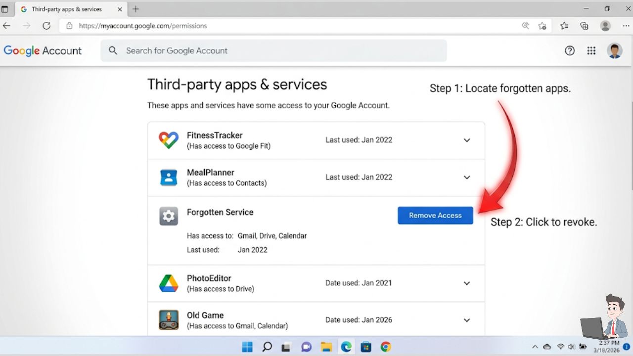 A crisp, anonymized screenshot of the Google "Third-party apps & services" dashboard. Use a sleek red arrow pointing to a "Remove Access" button on a forgotten app to visually teach the reader how to perform the purge.