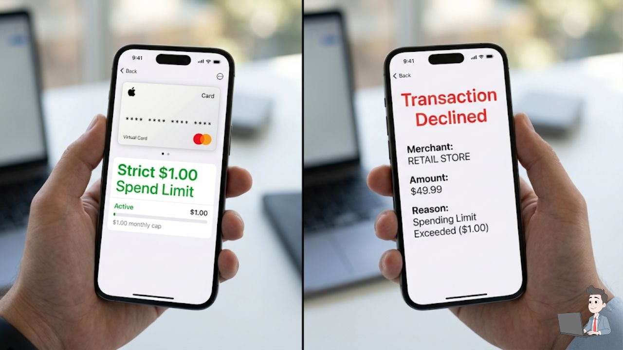 A split-screen graphic. Left side: A virtual card UI showing a strict $1.00 Spend Limit. Right side: A "Transaction Declined" alert for $49.99, demonstrating the power of the strategy.