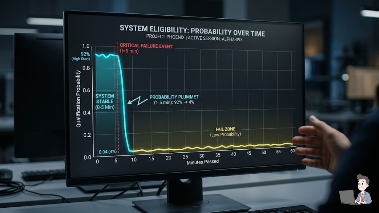 A striking, high-contrast data visualization (line graph). The X-axis is "Minutes Passed" (0 to 60) and the Y-axis is "Qualification Probability." The line should show a massive, precipitous drop right at the 5-minute mark.
