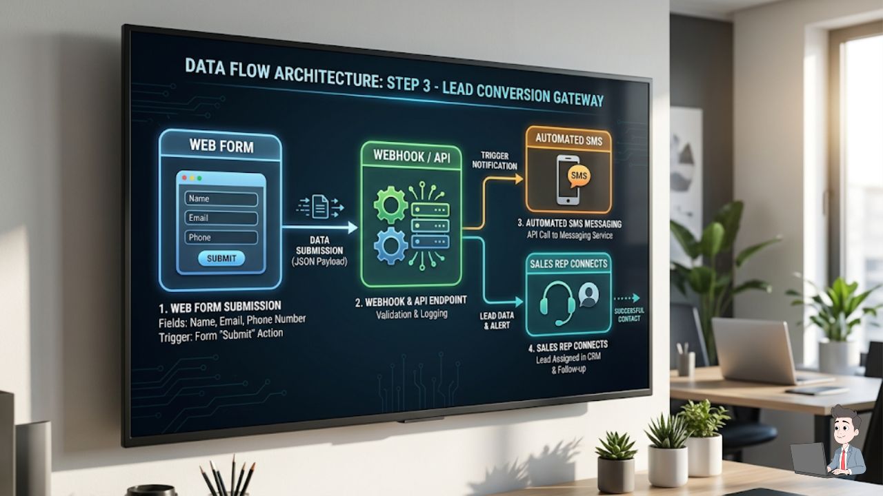 A sleek, technical flowchart demonstrating Step 3. Node 1: Web Form. Node 2: Webhook/API. Node 3: Automated SMS. Node 4: Sales Rep connects. Use clean arrows and high-contrast icons to map the exact data flow.