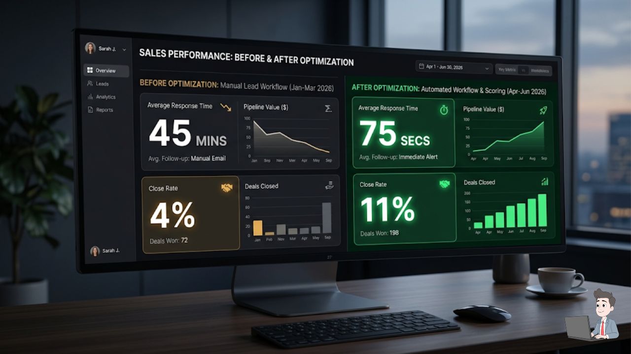 A dark-mode UI mockup of a sales dashboard showing a "Before & After." On the left, Average Response Time: 45 Mins / Close Rate: 4%. On the right, Average Response Time: 75 Secs / Close Rate: 11%.