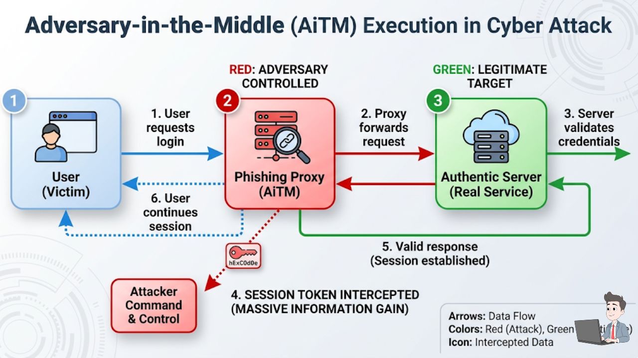 A technical flowchart demonstrating Adversary-in-the-Middle execution. Node 1: User. Node 2: Phishing Proxy (Red). Node 3: Authentic Server (Green). Show arrows indicating the "Session Token" being intercepted by the proxy. This provides massive "Information Gain."