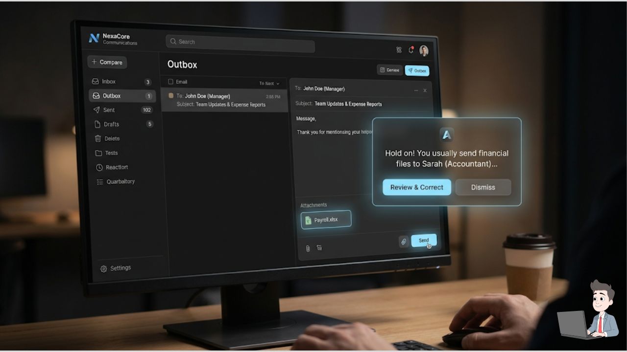 A dark-mode UI mockup of an email outbox. Use a subtle, branded highlight showing a user attempting to attach a "Payroll.xlsx" file, interrupted by a gentle AI pop-up: "Hold on! You usually send financial files to Sarah (Accountant)..."