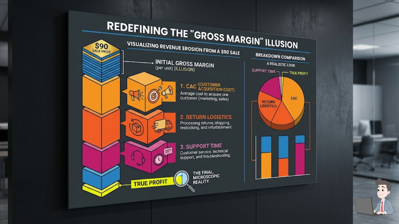A clean, high-contrast graphic redefining the Gross Margin illusion. Show the $90 sale price being stripped away by visual blocks representing CAC, Return Logistics, and Support Time, leaving only a tiny sliver of true profit.