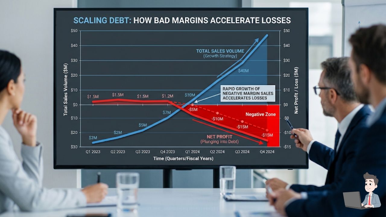 A striking data visualization (line graph). Show two intersecting lines: one for "Total Sales Volume" going rapidly up, and one for "Net Profit" dipping sharply into the negative (red zone), proving that scaling bad margins accelerates debt.