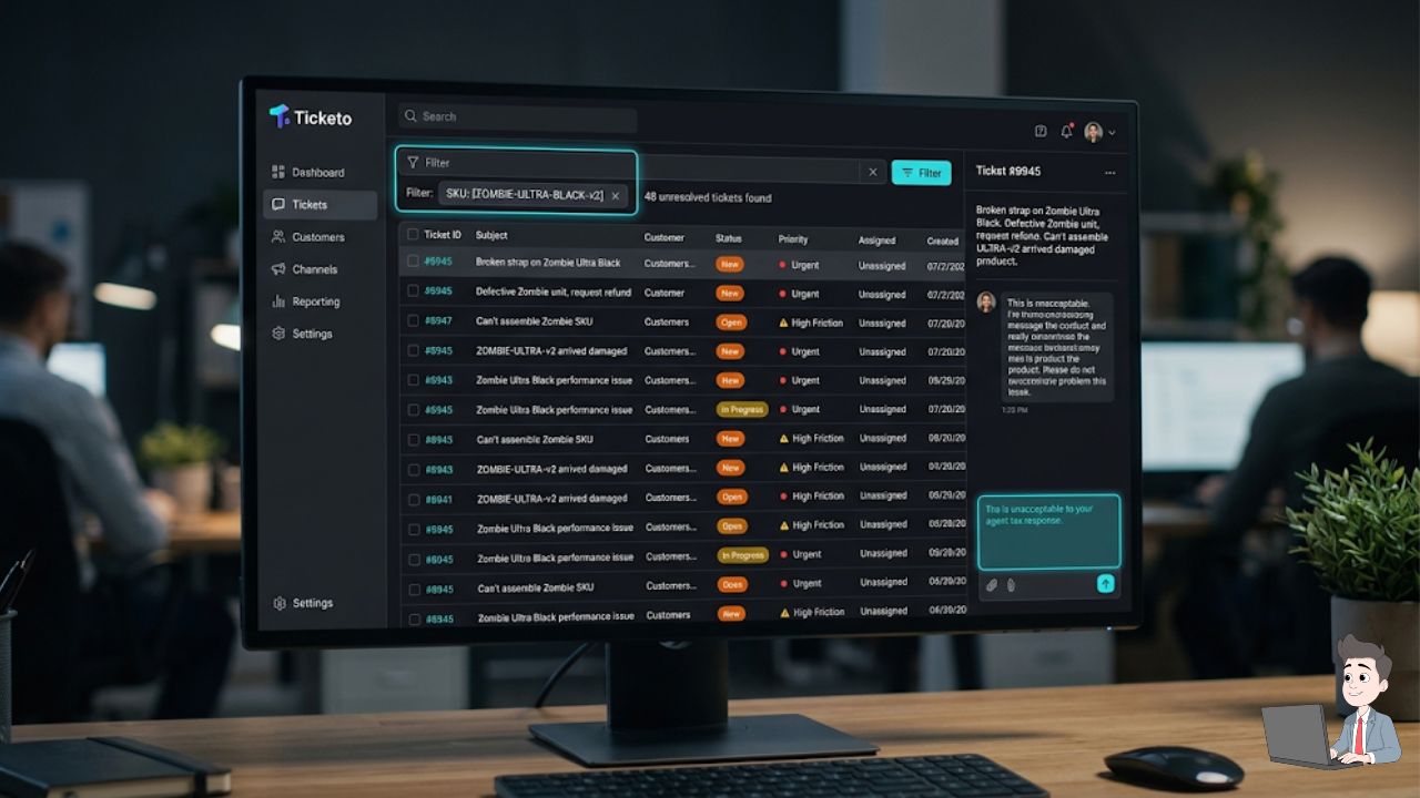 A dark-mode UI mockup of a customer support ticketing system (like Zendesk or Gorgias). Use a subtle, branded highlight showing a search filter for a specific "Zombie" SKU, revealing dozens of unresolved, high-friction tickets.