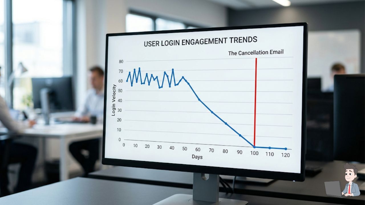 A clean data visualization (line graph). The X-axis is "Days," and the Y-axis is "Login Velocity." Show the line steadily dropping 45 days before a red vertical line labeled "The Cancellation Email." This visualizes the blind spot you described in the intro.