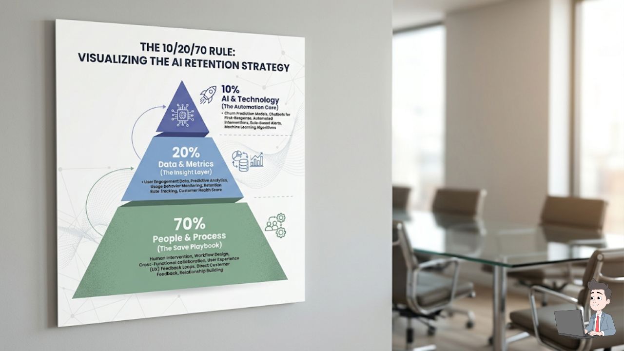 A sleek, segmented pyramid or concentric circle infographic visualizing the 10/20/70 rule. The largest section (70%) should be labeled "People & Process (The Save Playbook)" in a prominent sage green to emphasize the human element of AI retention.