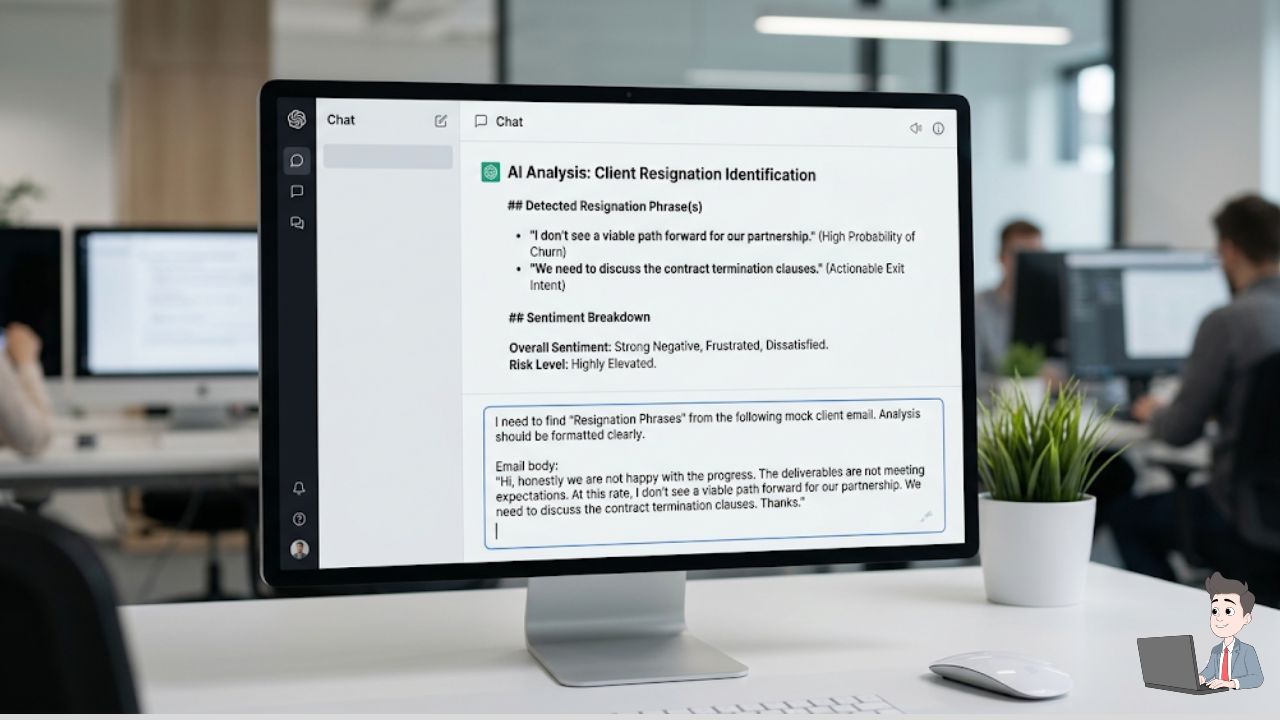 A UI mockup of a clean LLM chat interface (like ChatGPT or Claude). Show the "Sentiment Drop Prompt" you provided being entered, and a realistic, formatted AI output identifying a "Resignation Phrase" from a mock client email.
