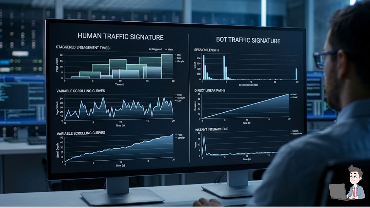 A side-by-side data visualization chart. On the left side, show a "Human Traffic Signature" with staggered engagement times and variable scrolling curves. On the right, show a "Bot Traffic Signature" with identical 0-second session lengths and direct linear paths.