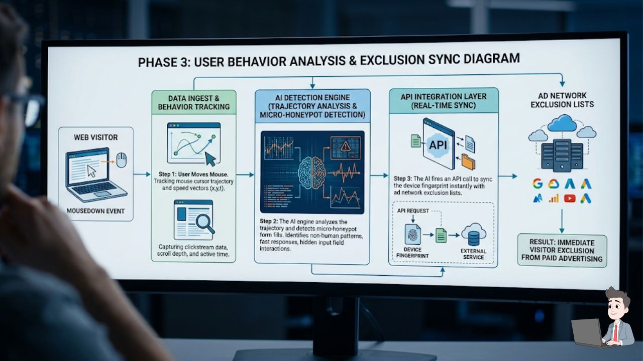 A technical infrastructure diagram mapping Phase 3. Show a web visitor executing an action. Step 1: The user moves their mouse. Step 2: The AI engine analyzes the trajectory and detects micro-honeypot form fills. Step 3: The AI fires an API call to sync the device fingerprint instantly with ad network exclusion lists.