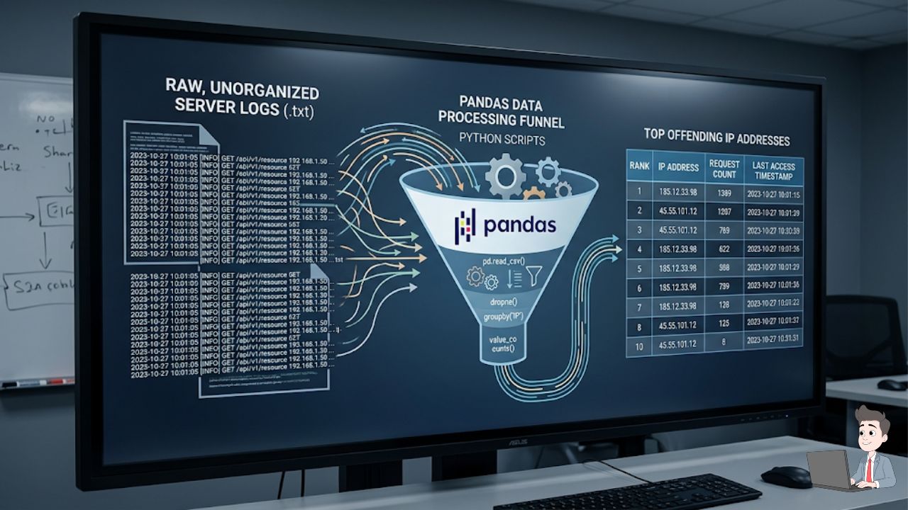 A structural visual diagram mapping how raw text files are parsed by data scripts. Show an abstract representation of raw, unorganized server log text lines flowing into a processing funnel (representing the pandas library), which neatly spits out a clean table isolating the top offending IP addresses.