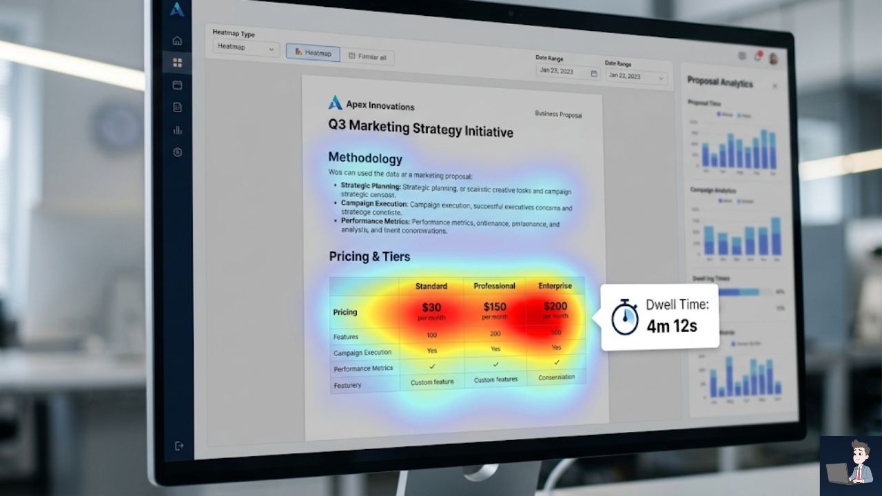 A visual UI mockup of a proposal document overlaid with a data tracking heatmap. The "Methodology" section is shaded in a cool blue (indicating it was skimmed), while the "Pricing & Tiers" section is glowing in bright red/orange with a clean data tooltip pointing to it: "Dwell Time: 4m 12s."
