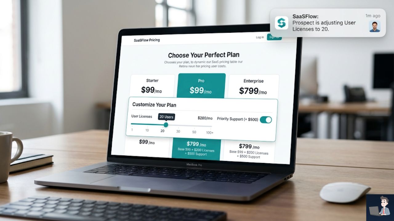 A clean, high-fidelity UI mockup of a dynamic pricing table. Show an interactive slider for "User Licenses" and a toggle switch for "Priority Support (+ $500)." In the corner, show a subtle mobile notification bubble: "Prospect is adjusting User Licenses to 20."