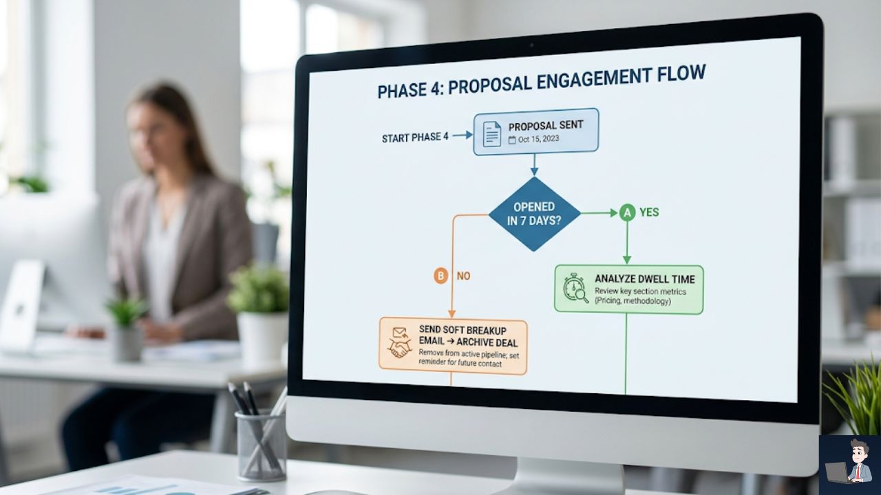 A highly scannable, vertical flowchart mapping Phase 4. Node 1: Proposal Sent. Decision Diamond: Opened in 7 Days? Path A (Yes): Analyze Dwell Time. Path B (No): Send Soft Breakup Email $\rightarrow$ Archive Deal.