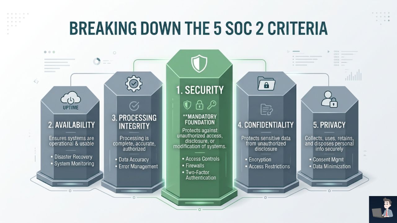 A clean, minimalist infographic breaking down the 5 SOC 2 criteria. Show five interlocking hexagons or pillars. Highlight the "Security" pillar in a prominent sage green, explicitly labeling it as "Mandatory Foundation," while the other four are muted slate gray.