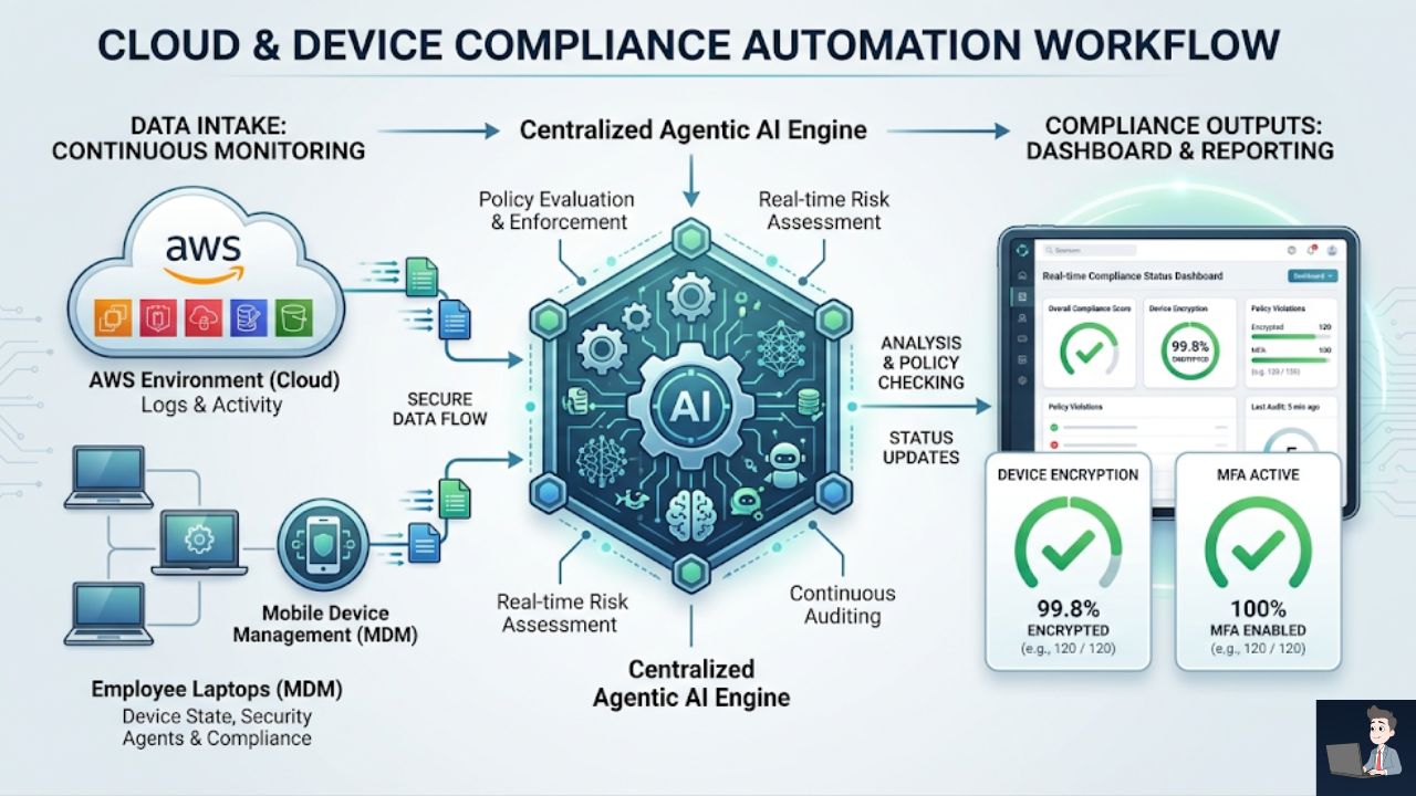 A technical infrastructure diagram showing how compliance automation actually works. Left Side: Icons representing AWS (Cloud) and Laptops (MDM). Middle: Data flowing into a centralized "Agentic AI Engine." Right Side: An output dashboard showing green checkmarks for "Encrypted" and "MFA Active."