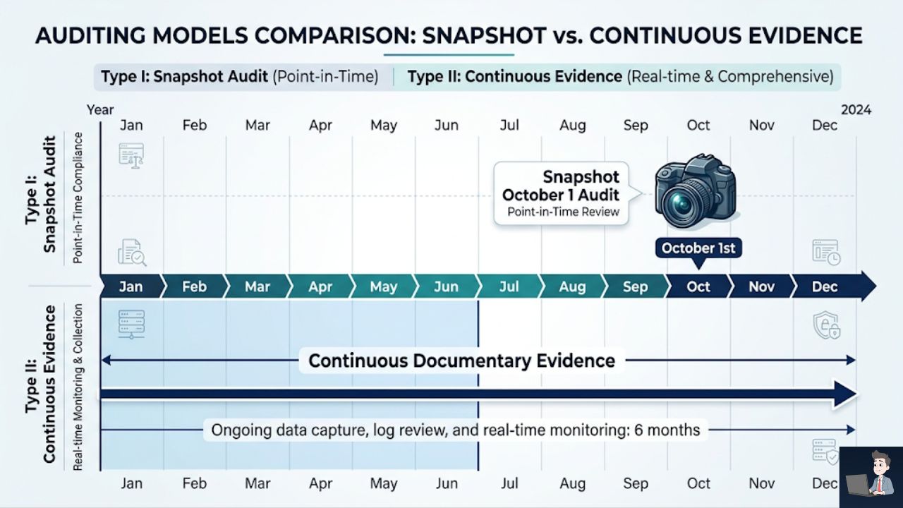 A horizontal data visualization. Top timeline (Type I): Shows a single camera icon taking a "Snapshot" on exactly October 1st. Bottom timeline (Type II): Shows a continuous, unbroken navy blue line stretching from January to June, labeled "Continuous Documentary Evidence."