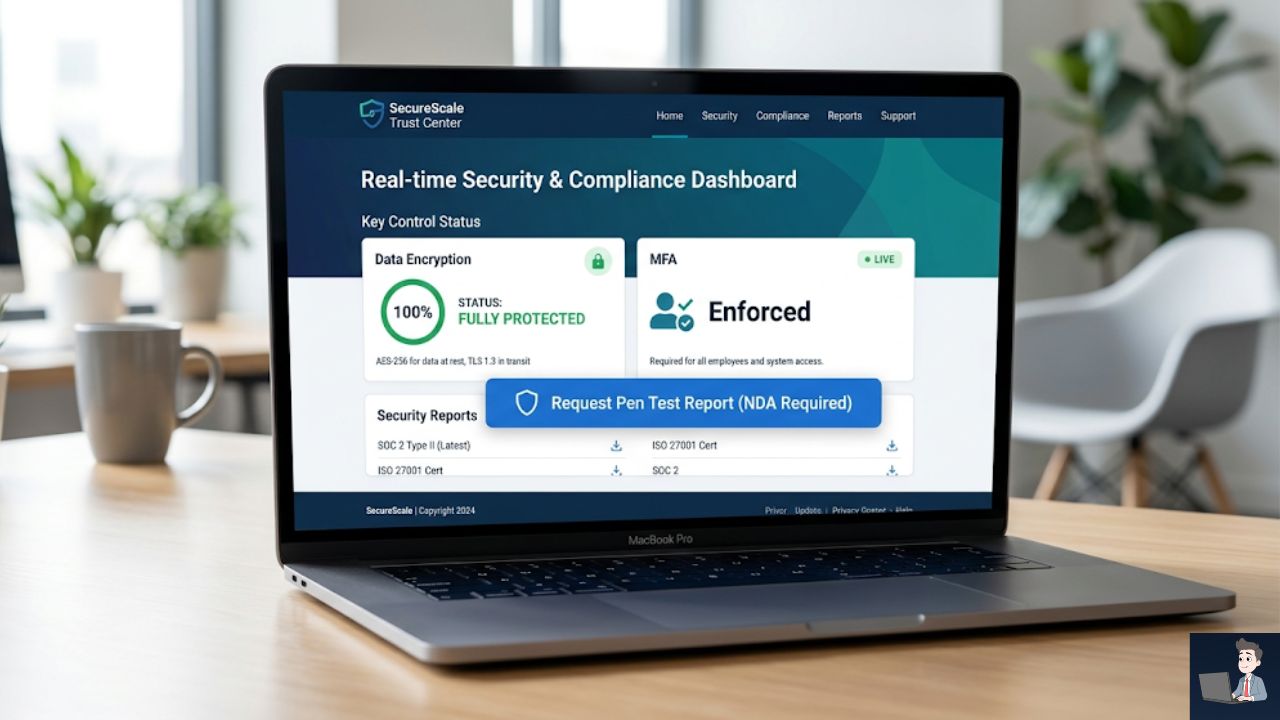A high-fidelity UI mockup of the "Trust Center" you described in Phase 6. Show a clean, branded web page with live widgets reading: "Data Encryption: 100%," "MFA: Enforced," and a prominent button that says "Request Pen Test Report (NDA Required)."