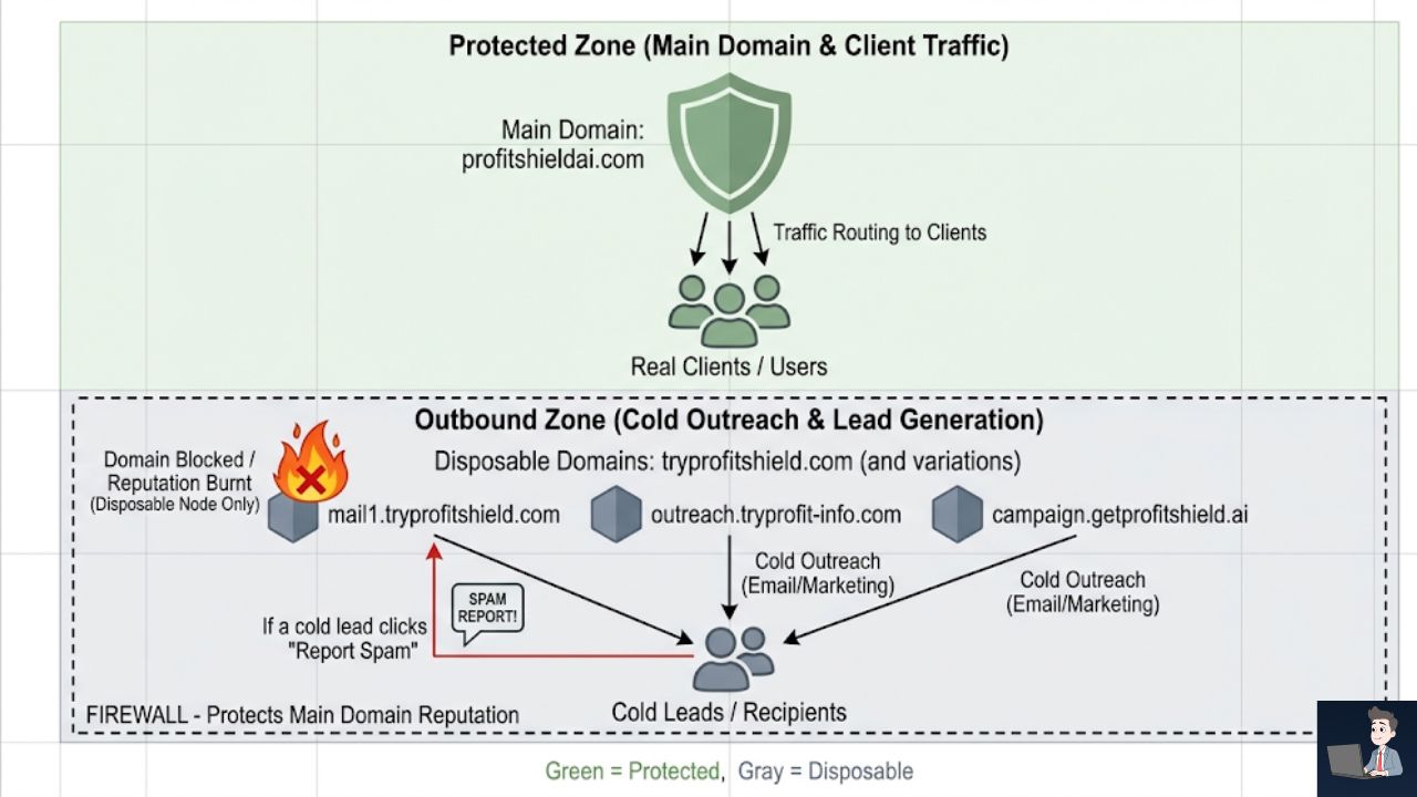 A technical infrastructure diagram. Top (Protected Zone): A sage green shield protecting your main domain (profitshieldai.com) routing to real clients. Bottom (Outbound Zone): Several slate gray disposable domains (tryprofitshield.com) routing to cold leads, acting as a firewall. If a cold lead clicks "Report Spam," it only burns the gray node.