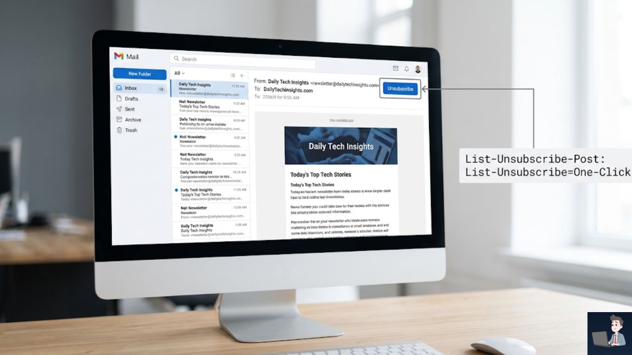 A clean UI mockup of an email client interface. Highlight the top header next to the Sender Name, showing a native, blue "Unsubscribe" button. An annotation line points to the button, showing the backend code: List-Unsubscribe-Post: List-Unsubscribe=One-Click.