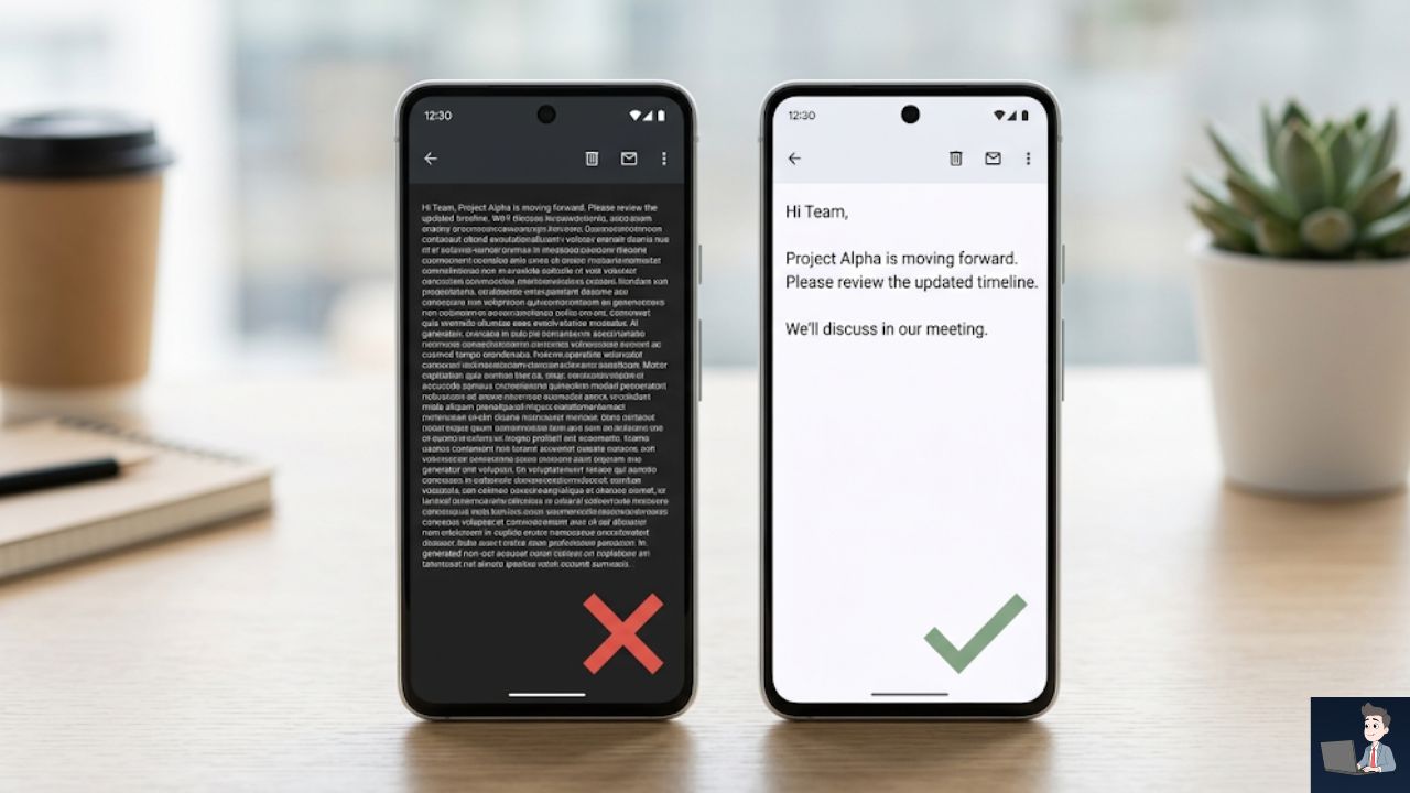A side-by-side mobile phone UI comparison. Left (Spam): A dense, unreadable wall of AI-generated text with a red "X". Right (Safe): A perfectly formatted email with exactly 3 short sentences and plenty of white space, marked with a sage green checkmark.