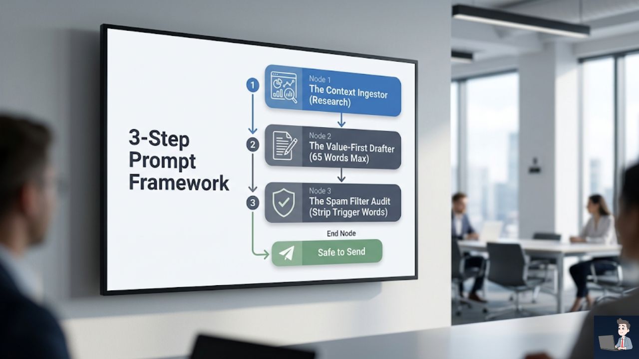 A highly scannable, vertical flowchart mapping the 3-step prompt framework. Node 1: The Context Ingestor (Research). Node 2: The Value-First Drafter (65 Words Max). Node 3: The Spam Filter Audit (Strip Trigger Words). End Node: Safe to Send.
