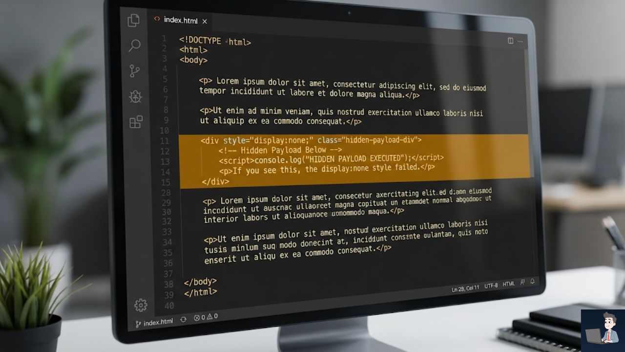 A clean dark-mode text-editor UI mockup. Show normal HTML paragraphs of an article in cream-colored text. Highlighted in a bold, amber warning background is the hidden div payload block with display:none styling, visually explaining how the trap is camouflaged inside the source code.