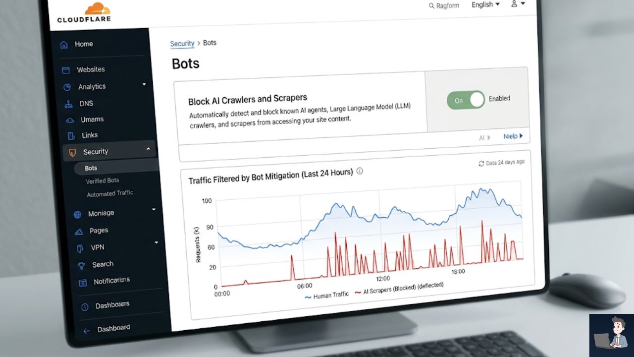 A clean, high-fidelity UI mockup of the Cloudflare "Security > Bots" interface. Show the "Block AI Crawlers and Scrapers" toggle switch distinctly flipped to the "On" position in sage green, with a visual graph beneath it showing a blue line of "Human Traffic" passing through while red lines of "AI scrapers" are deflected.