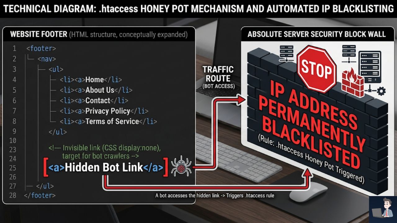 A technical layout diagram. Left: The underlying HTML structure of your website footer, showing a link labeled "Hidden Bot Link" wrapped in red brackets. Right: A line routing from that link to an absolute server block wall reading: "IP Address Permanently Blacklisted (Rule: .htaccess Honey Pot Triggered)."