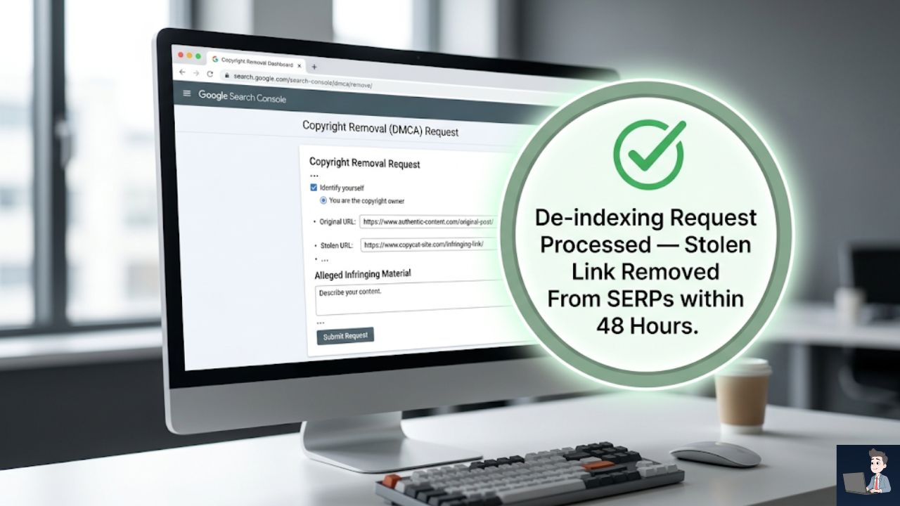 A clean UI mockup of the Google Search Console Copyright Removal form. Show a document form filled out with an "Original URL" field and a "Stolen URL" field, pointing to a large graphic seal with a green checkmark reading: "De-indexing Request Processed — Stolen Link Removed From SERPs within 48 Hours."