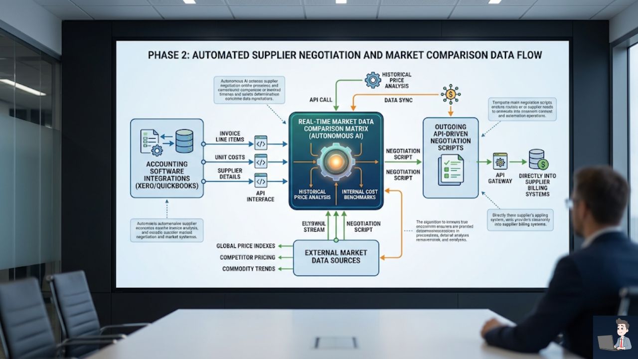 A technical data flowchart explaining Phase 2. Left Node: Accounting software integrations (Xero/QuickBooks). Center Node: An autonomous AI processing engine labeled "Real-Time Market Data Comparison Matrix". Right Node: Outgoing API-driven negotiation scripts routing directly into supplier billing systems.