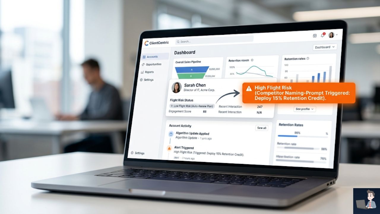 A crisp UI mockup illustrating the "Flight Risk" algorithm shift described in Phase 3. Show a vendor's internal CRM portal dashboard interface. A user profile is shown moving from a gray status marker labeled "Low Flight Risk (Auto-Renew Plan)" to an urgent orange warning label reading: "High Flight Risk (Competitor Naming-Prompt Triggered: Deploy 15% Retention Credit)."