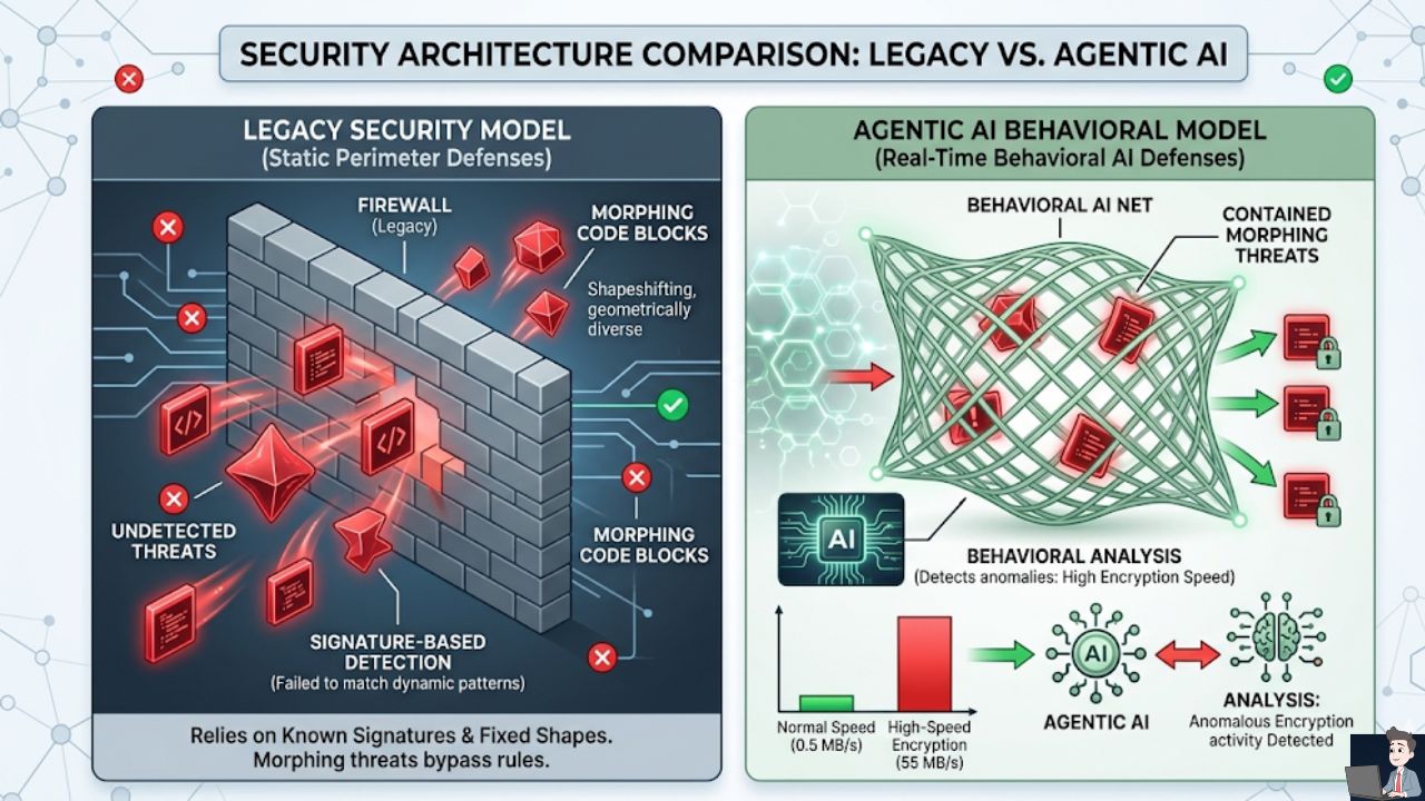 A clean technical diagram comparing two security models. Left (Legacy): A gray brick wall (Firewall) failing to block morphing, shapeshifting red code blocks. Right (Agentic AI): A glowing sage green net (Behavioral AI) catching the red code blocks based on their "encryption speed" rather than their shape.