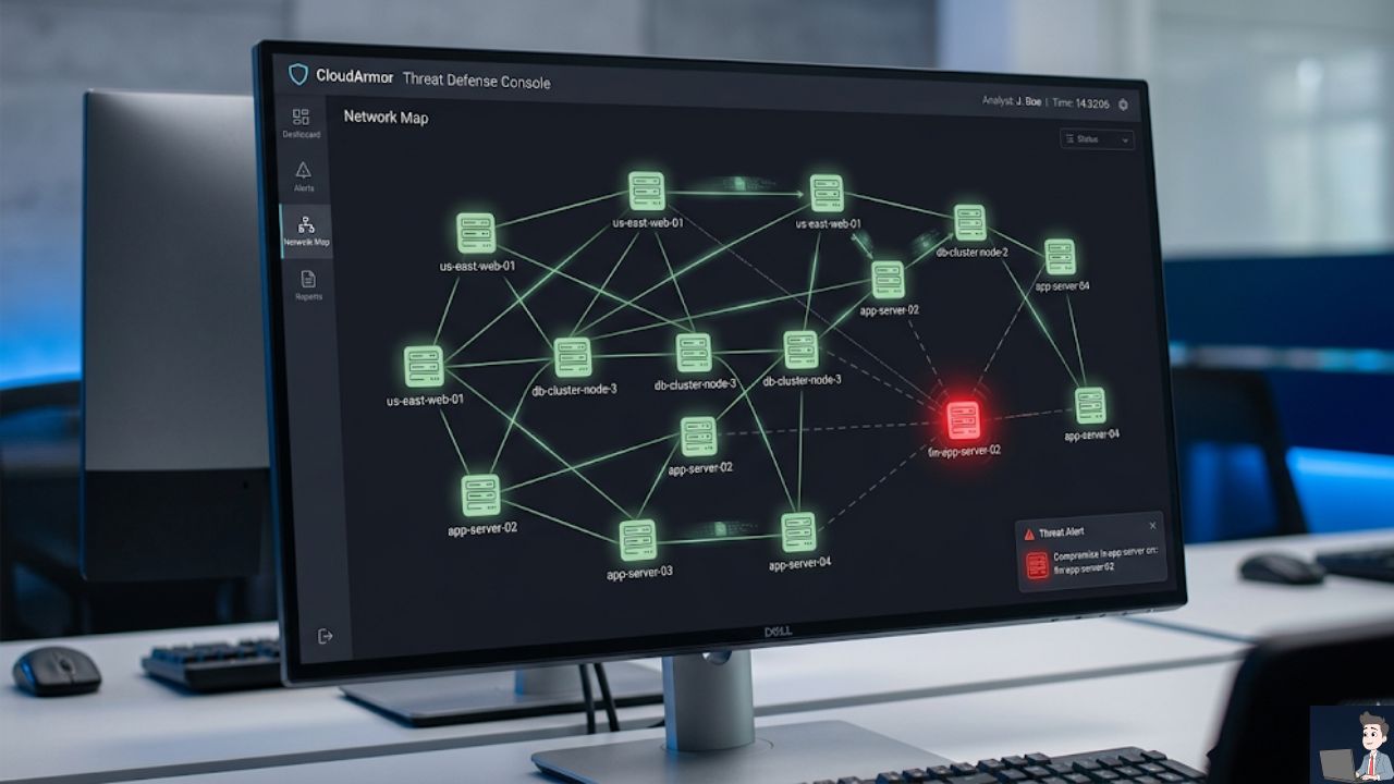 A high-fidelity UI mockup of a cloud security interface. It shows a network graph of interconnected server nodes. One node flashes crimson red (Compromised). Instantly, the connecting lines to all other nodes are visually severed and grayed out, isolating the red node while the rest of the network remains a healthy sage green.