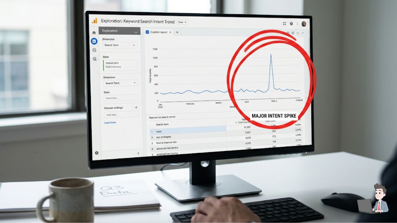 A screenshot of an intent tool (like Apollo or even Google Analytics) showing a spike in searches for SEO strategies. Draw a red circle around the data point.