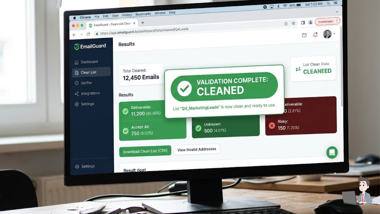 A screenshot of an email verification tool (like NeverBounce or Instantly.ai's cleaner) showing a green "Valid" or "Cleaned" success message.