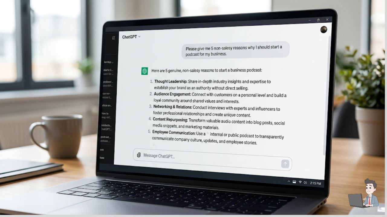 A screenshot of the ChatGPT interface. Show the prompt asking for "5 non-salesy reasons" and the AI's response.