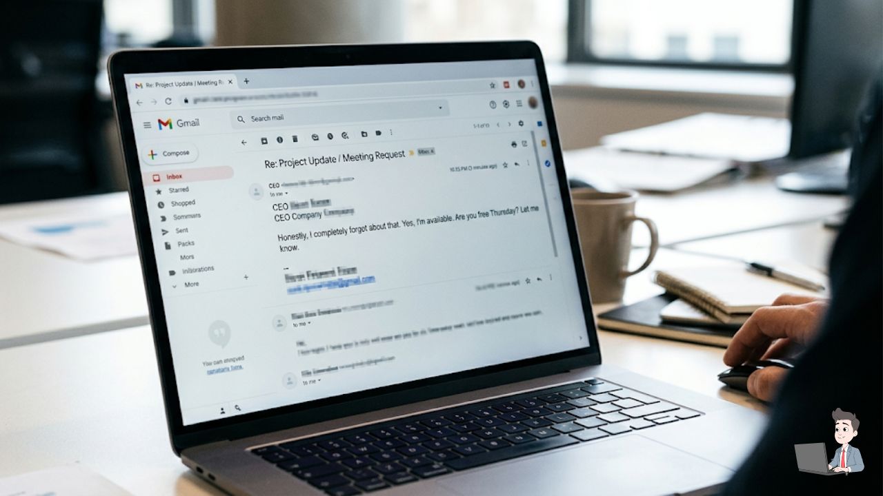 A screenshot of the actual email reply from the CEO. Blur their name and company, but leave the text: "Honestly, I completely forgot... Are you free Thursday?" clearly readable.